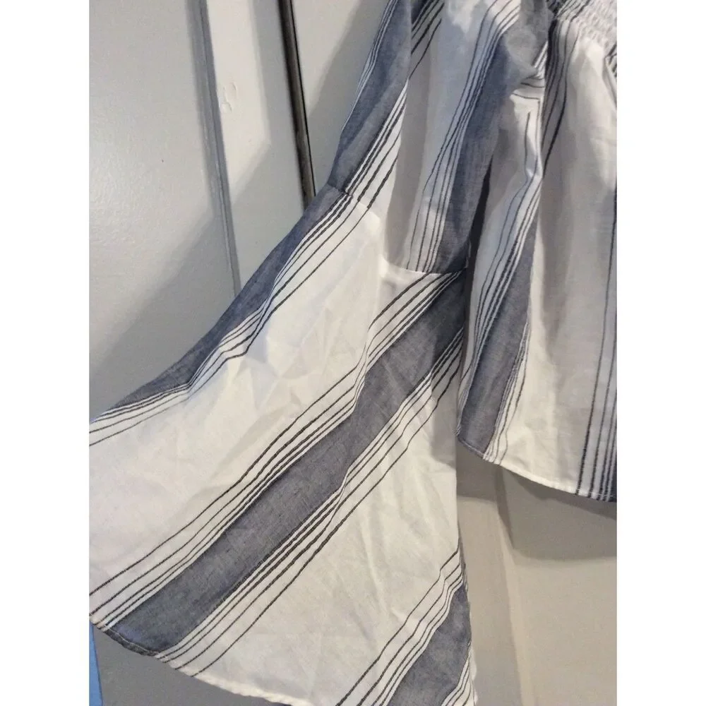 New NWT ANTHROPOLOGIE LILKA TOP PLAYA POM POM OFF SHOULDER BELL STRIPE  L Large